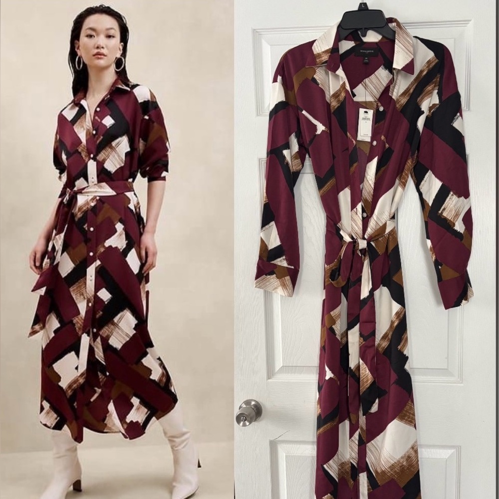 Banana Republic wrap Burgundy and Black Abstract Long Sleeve wrap  Dress
